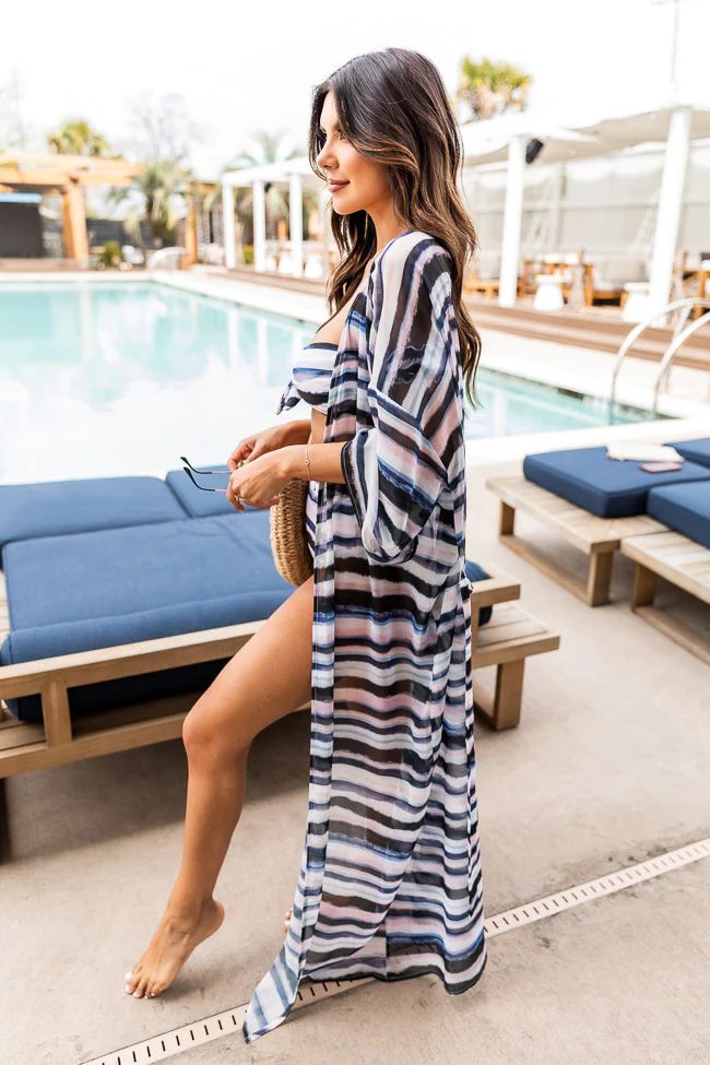 Longest Day Navy Stripe Swimsuit Cover Up Kimono | Pink Lily