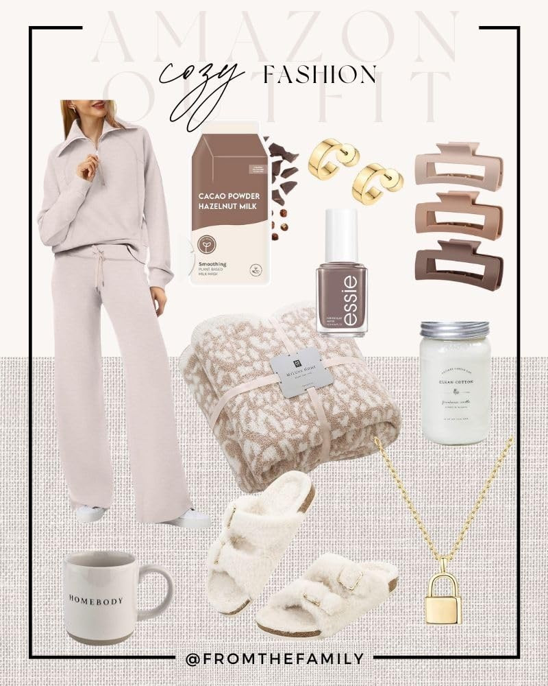 Cozy Amazon outfit finds you’ll wear on repeat 🤎 From soft loungewear sets and fluffy slippers to neutral hair clips, gold jewelry, and the prettiest neutral nail polish — this is fall and winter comfort made chic. I’m loving the “homebody” mug for cozy mornings, a warm blanket for Netflix nights, and clean cotton candles to make the house smell amazing. Don’t forget a nourishing cacao hazelnut drink mix for the perfect at-home café moment. These neutral Amazon fashion and home favorites make the best cozy essentials for staying in style all season!

Amazon outfit, cozy loungewear set, fluffy slippers, neutral fashion finds, fall home essentials, cozy Amazon finds, comfy chic outfit, Amazon fall fashion, neutral home decor, cozy gifts 

#LTKTravel #LTKOver40 #LTKSeasonal