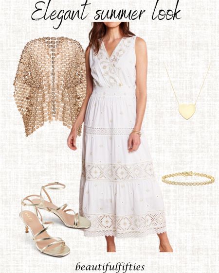 Gorgeous white maxi dress with a touch of gold embroidery. Pair it with a kimono inspired cape made of delicate floral lace in a metallic finish. 
Shoes code beautiful15
Jewelry code THERESAP 


#LTKParties #LTKStyleTip #LTKWedding