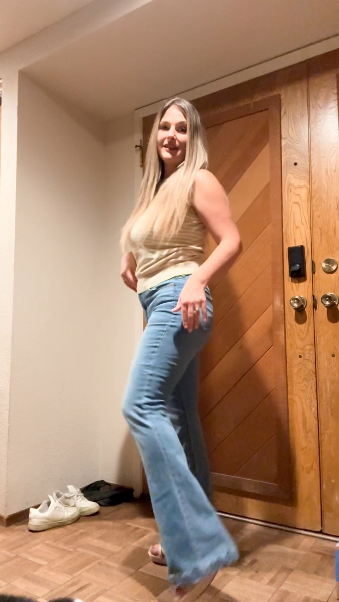 Dinner outfit of the night 🤍
This whole look is giving easy, flattering, spring-ready, and comfortable — basically my favorite kind of outfit. These Sophia flare jeans from Walmart are so good… soft, stretchy, super comfy, and yes, they definitely pass the squat test. The striped top has the prettiest soft pink tones, such a flattering neckline, and that perfect fitted-but-comfy feel. I finished it off with my go-to Amazon wedges for the easiest dressed-up look. Sharing this outfit and lots more Walmart spring finds coming soon 🌷

#LTKmomlife #LTKSpringSale #LTKootd