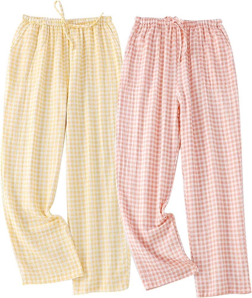 2 Pack Women's Cotton Pajama Bottoms Lightweight Sleep & Lounge Pants Plaid Sleepwear Long Pj Pan... | Amazon (US)