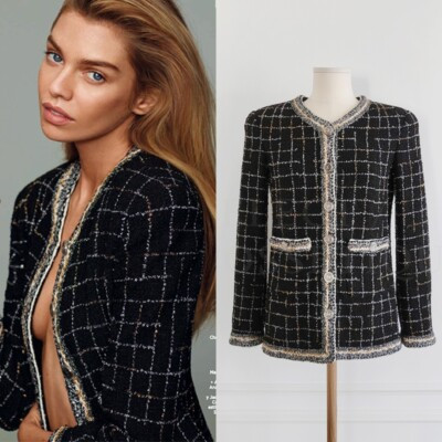 NWOT CHANEL 17P METALLIC CHECK BLACK TWEED JACKET FR34 | eBay US