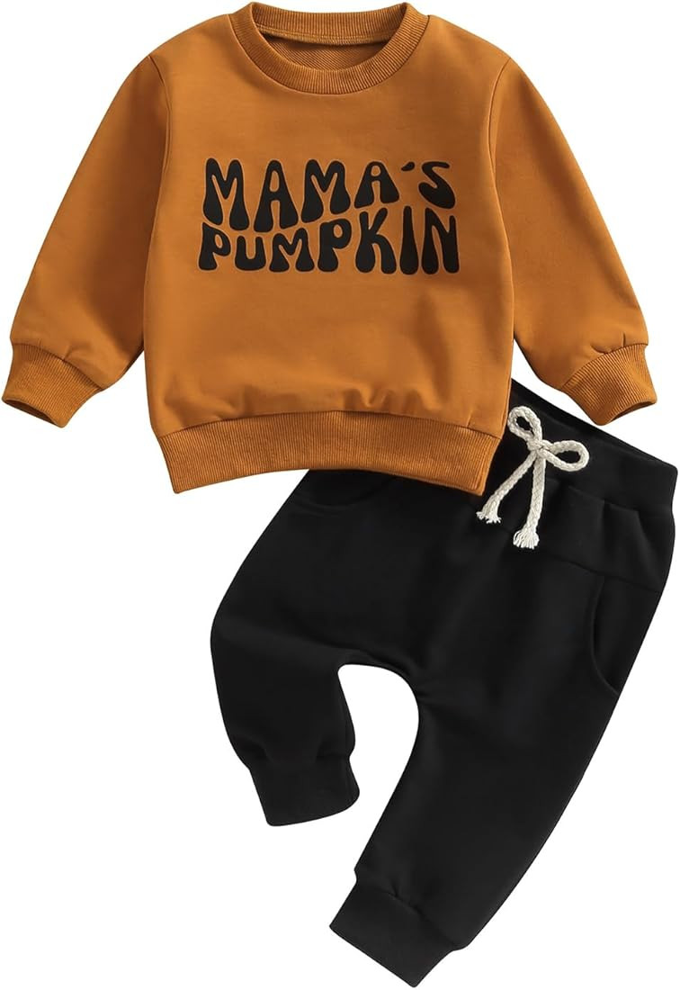 BOIBOKOKO Baby Boy Halloween Outfit Mama's Pumpkin Long Sleeve Sweatshirt Tops Elastic Waist Pant... | Amazon (US)