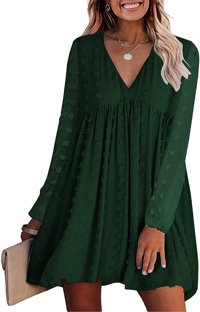 KIRUNDO Women‘s Dresses Long Sleeves Short Mini Dress Sexy V Neck Flowy Casual Dress Swiss Dot ... | Amazon (US)