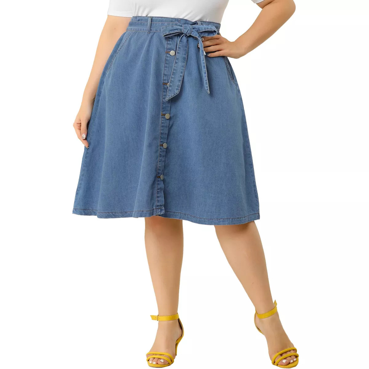 Agnes Orinda Women's Plus Size Denim Tie Waist Button Front A-Line Midi Skirts | Target