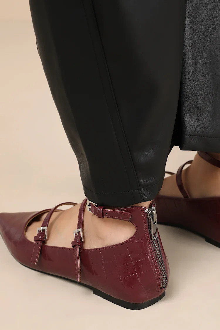 Paysen Burgundy Crocodile-Embossed Ankle Strap Ballet Flats | Lulus
