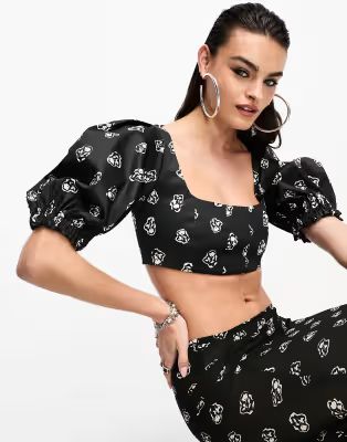 Day 6 exclusive puff sleeve square neck crop top co-ord in black ditsy print | ASOS (Global)