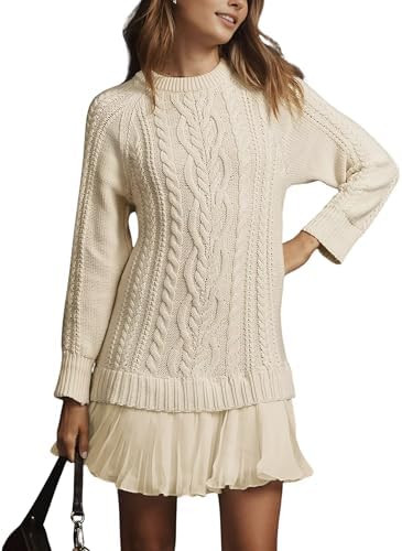 Women Cable Knit Sweater Dress Crewneck Long Sleeve Pleated Mini Dress Twofer Style Patchwork Dre... | Amazon (US)