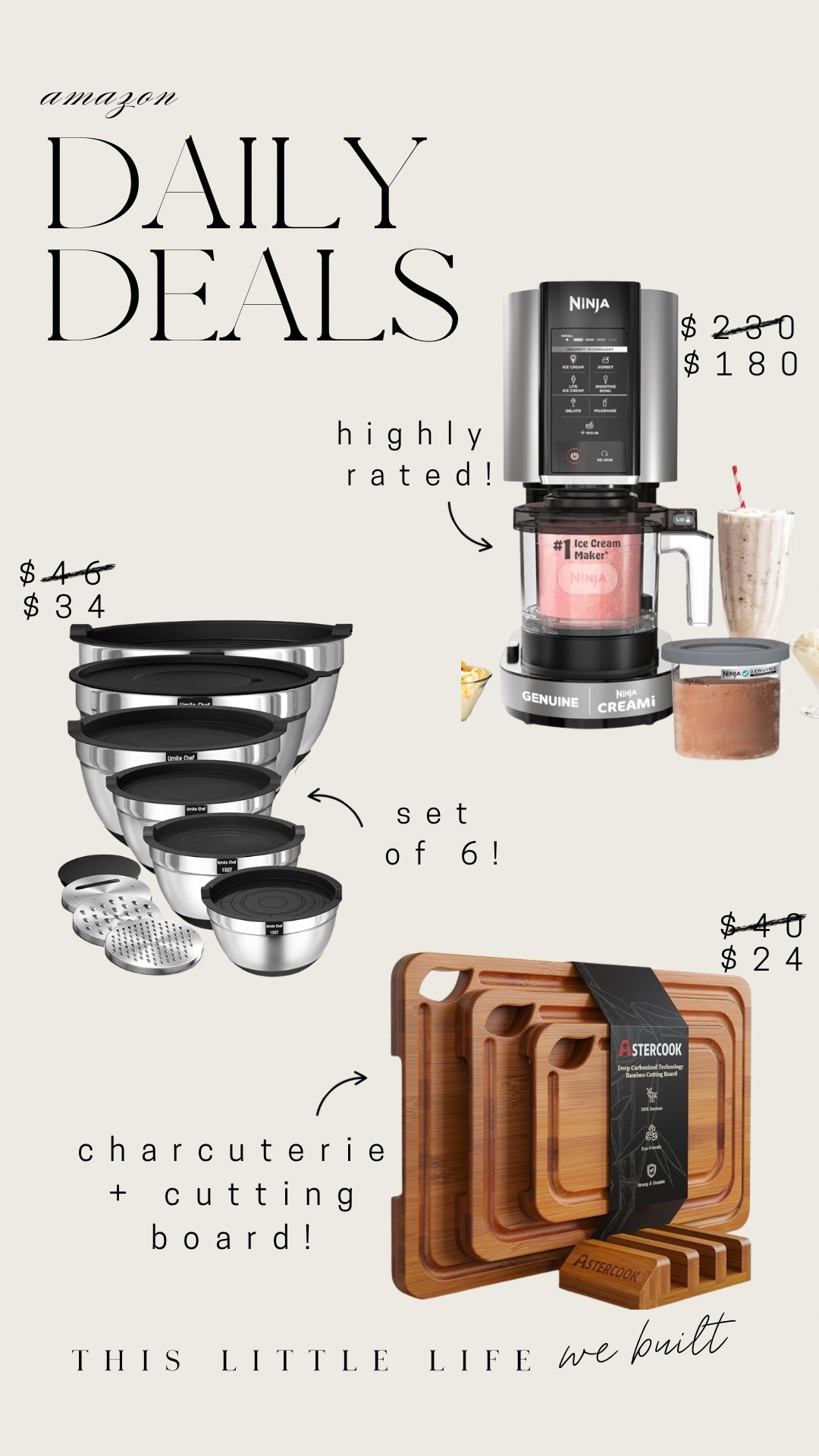 Amazon daily deals! 


Cutting boards, ninja creami, mixing bowls 

#LTKHome #LTKSaleAlert #LTKU