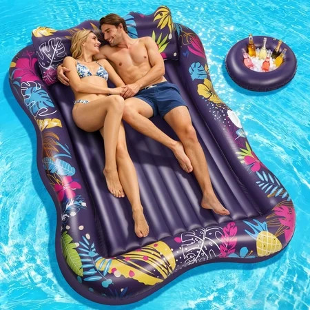 Extra Large Pool Floats Adult, 81" x 60" XL Inflatable Tanning Pool Lounger Float with Pillow and Cup Holders, Sun Tanning Bed Pool Rafts Floaties for Adults Beach Lake River | Walmart (US)