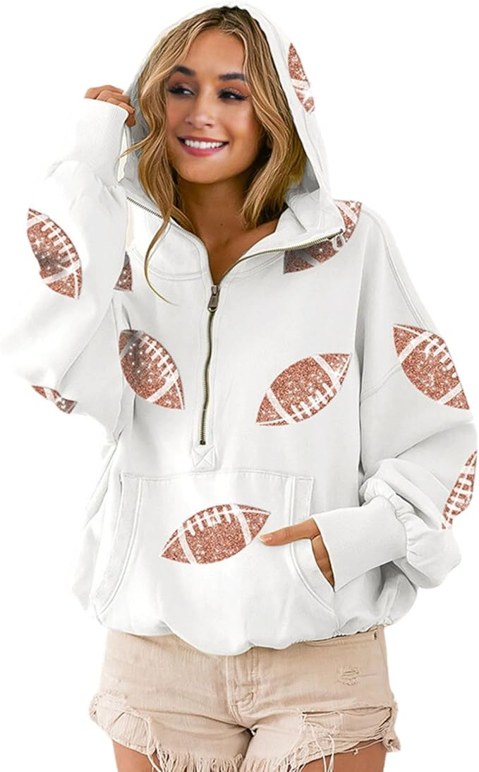 Xunger Women's Football Sequin Hoodie Half Zip Long Sleeve Rugby Patches Game Day Hooded Sweatshi... | Amazon (US)