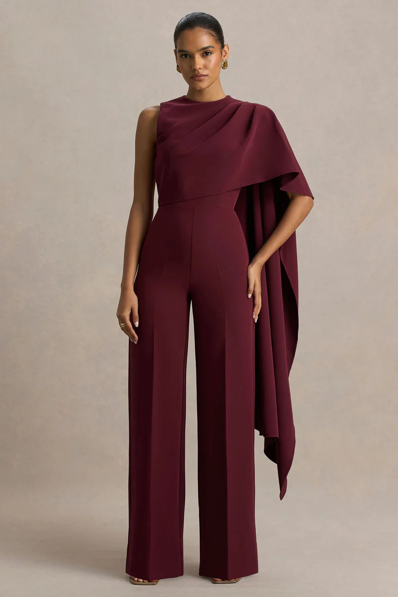 Sorenia  Burgundy High-Neck Jumpsuit With One-Cape Sleeve | Club L London