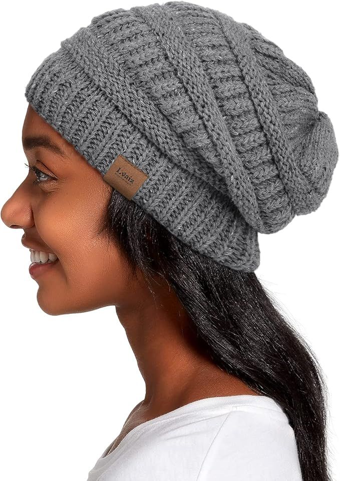 Winter Knitted Satin Lined Beanie Hats for Women Slouchy Cable Beanie Silky Soft Washed Warm Hat | Amazon (US)