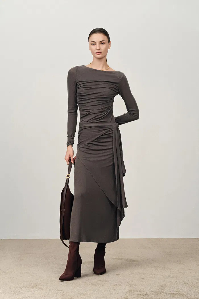 Viet Runched Pleated Long Sleeve Maxi Dress in Tencel Merino Knit | Fabrique