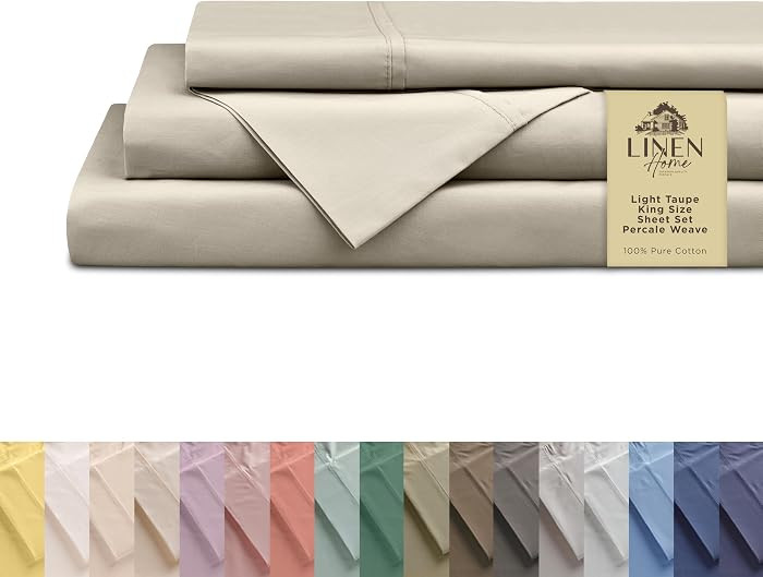 Linen Home 100% Cotton Percale King Sheets, 4 Pc Cooling Set - Light Taupe | Amazon (US)