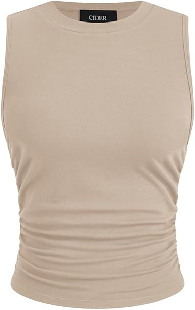 CIDER Womens Tank Tops Sleeveless High Neck Ruched Crop Tops Going Out Casual Basic Ribbed Shirt ... | Amazon (US)