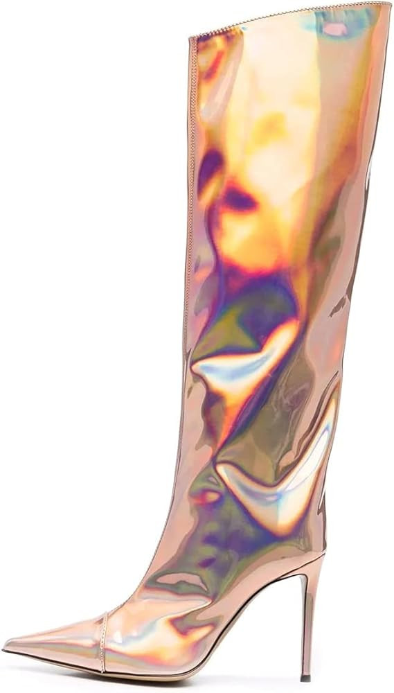 Women's Knee High Boots Sexy Pointed Toe Stiletto Heel Boot Metallic Leather Zipper Booties Dress Sh | Amazon (US)