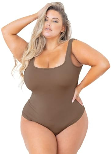 POSESHE Women's Plus Size Bodysuit Square Neck Sleeveless Tank Top Sexy Bodysuits For Curvy Women Outfits, Linen Brown 5X | Amazon (US)