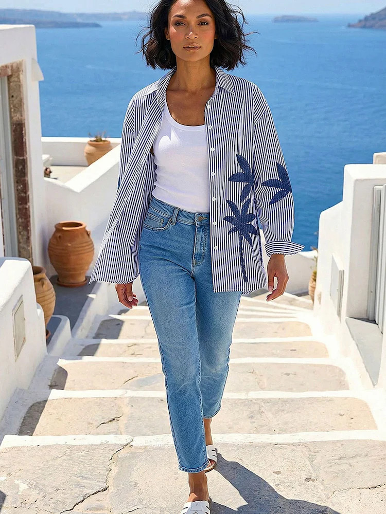 Roman Blue Palm Embroidered Shirt | Next EU