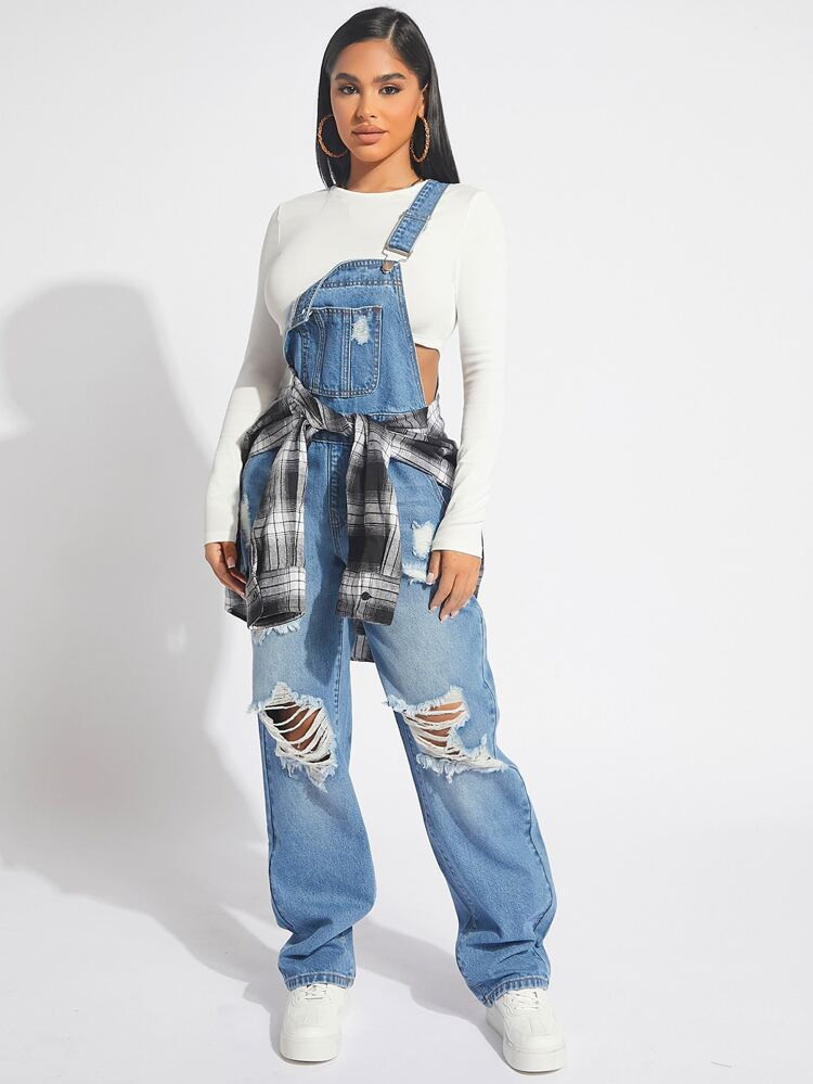 SHEIN SXY Ripped Denim Overalls Without Top | SHEIN