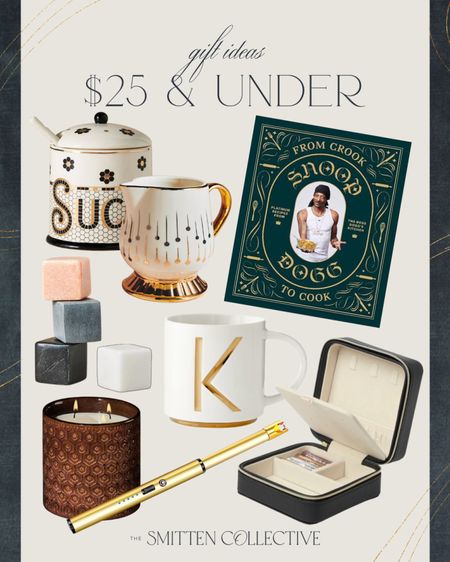 Gifts under $25 include travel jewelry case, candle lighter, candle, coffee mug, Snoop Dogg cook book, marble whiskey rocks, creamer cup, sugar container.

Gift guide, gifts under $25, budget gifts, gifts for her, small gifts

#LTKfindsunder50 #LTKHoliday #LTKGiftGuide