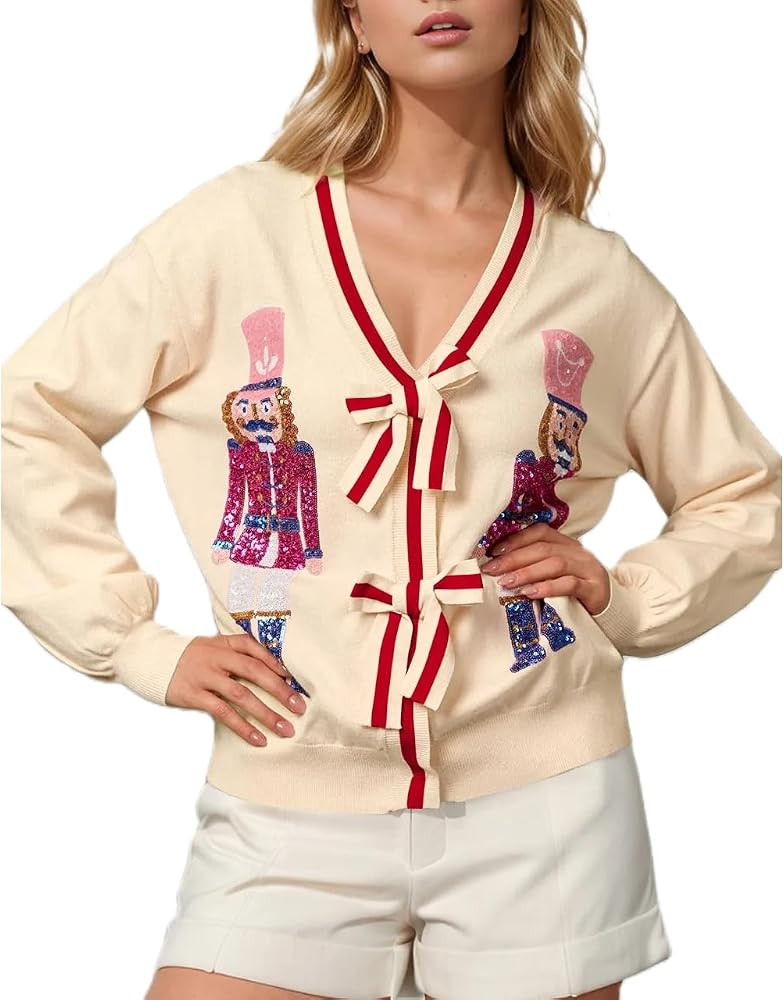 Women's Bow Tie Cardigan Sweaters Sequin Graphic Long Sleeve Open Front Knitted Cardigans Cute Pa... | Amazon (US)