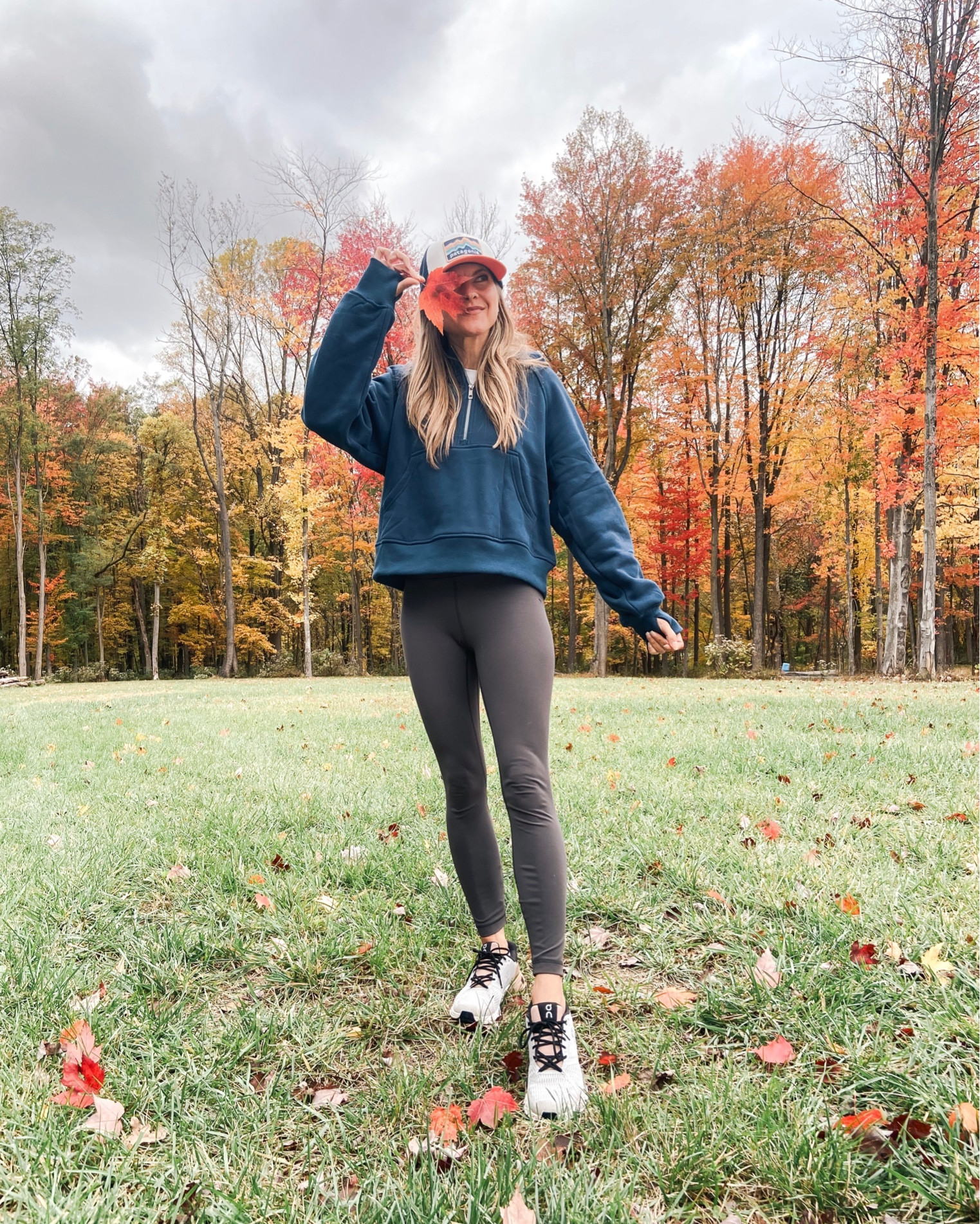 Lulu-inspired half-zip hoodie
(so good!!!)
Lulu-similar leggings (I love them just as much as my Lulus)
On Cloud sneakers (most comfortable shoes I own!)
Patagonia trucker hat (my exact hat is a kids’ hat available from REI & Patagonia but not linkable here). I linked some similar adult-size options.

#LTKstyletip #LTKSeasonal #LTKfitness