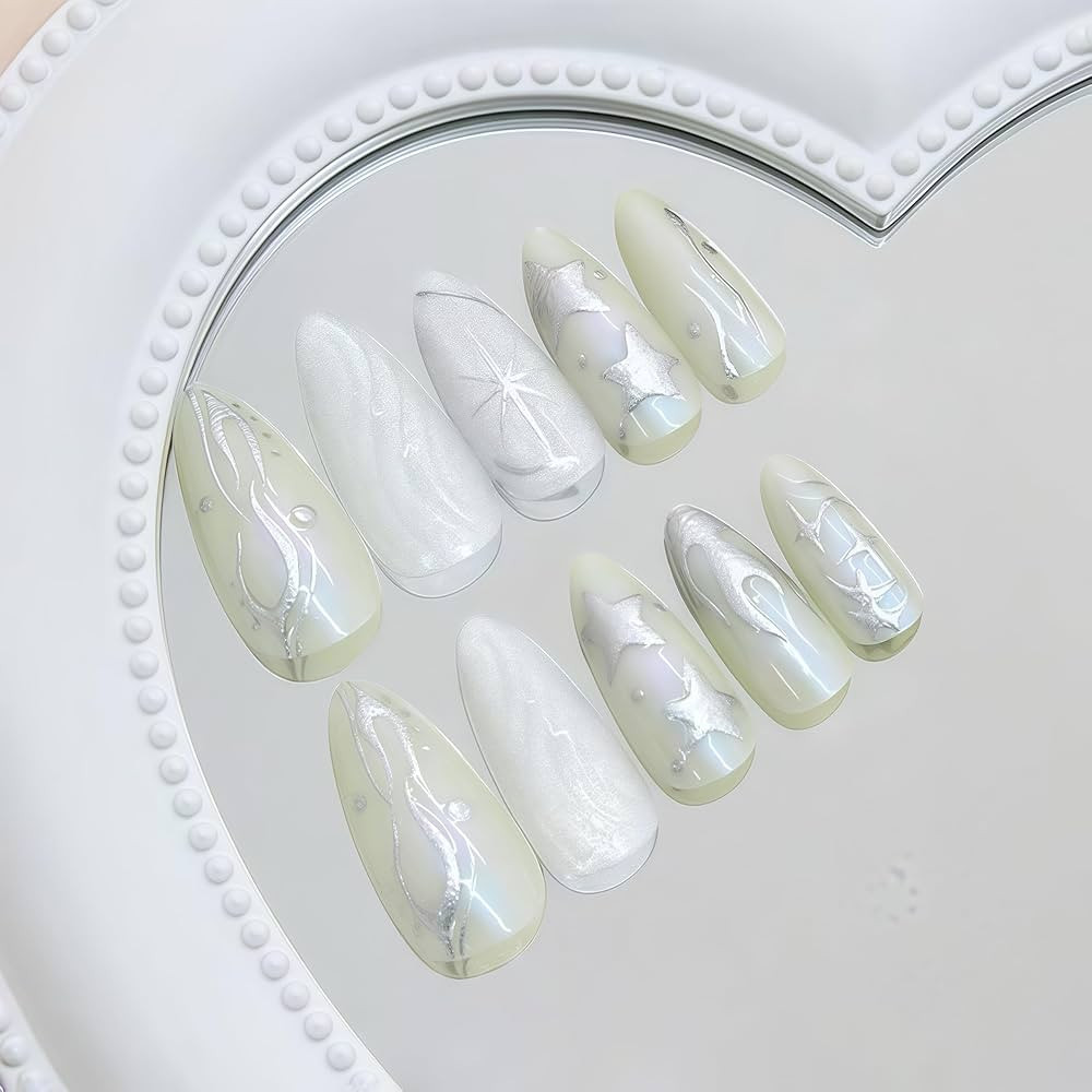 3D Chrome Silver Press On Nails Almond - Medium Fake Nails with y2k Stars Design - Reusable Fasle... | Amazon (US)