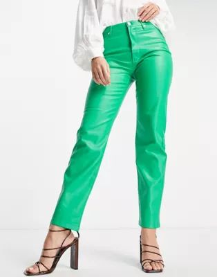 River Island faux leather straight cut trousers in green | ASOS (Global)