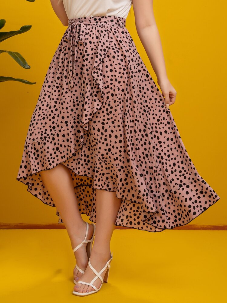 Plus Dalmatian Print Ruffle Trim Belted Wrap Skirt | SHEIN