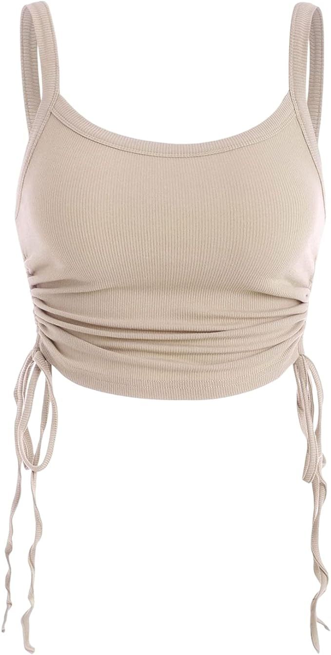 ZAFUL Women's Sleeveless Tank Tops Shirt Ribbed Drawstring Side Ruched Scoop Neck Basic Crop Top | Amazon (US)