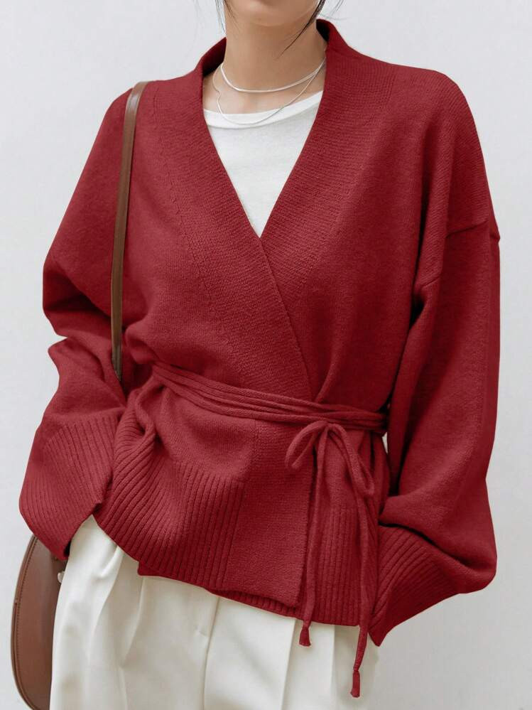 Dazy-Less Women's Solid Color Drop Shoulder Long Sleeve Drawstring Tie Front Cardigan, Autumn/Win... | SHEIN