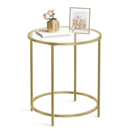 VASAGLE Round Side Table, Glass End Table with Metal Frame, Gold Coffee Table with Modern Style, for Living Room, Balcony, Bedroom, Gold Color | Amazon (US)