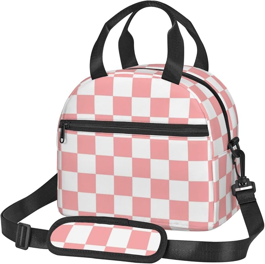 Pink White Checkered Lunch Bag Insulated Lunch Box With Adjustable Shoulder Strap Reusable Cooler... | Amazon (US)