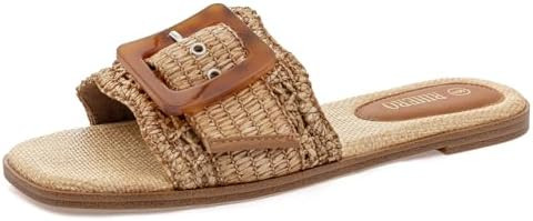 Rihero Women's Raffia Flat Sandals Square Open Toe Summer Beach Slip On Woven Buckle Slide Sandal... | Amazon (US)