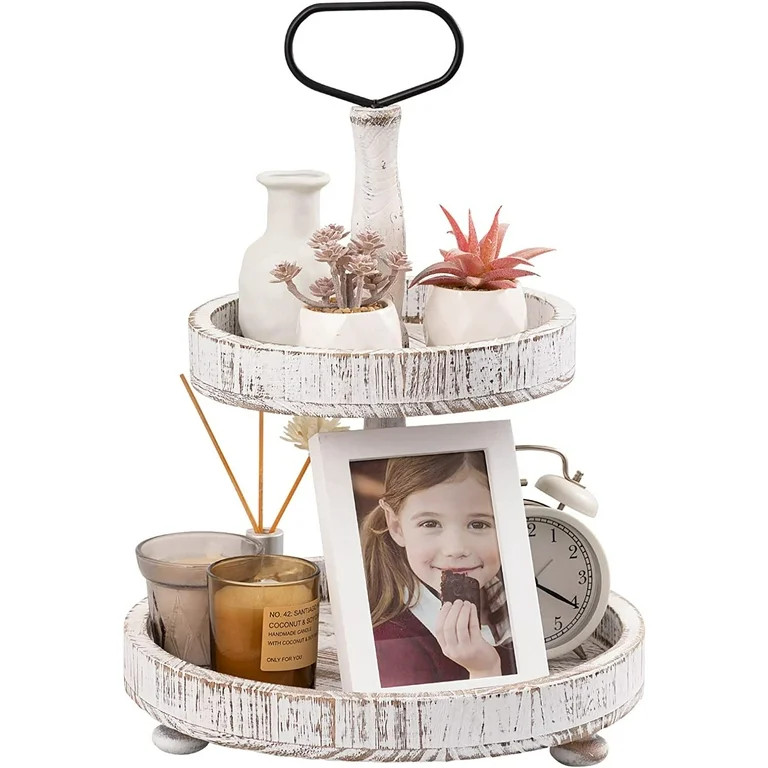 Farmhouse Two Tiered Wooden Tray Stand, HBlife 2 Tier Wood Round Decorative Tray with Metal Handl... | Walmart (US)