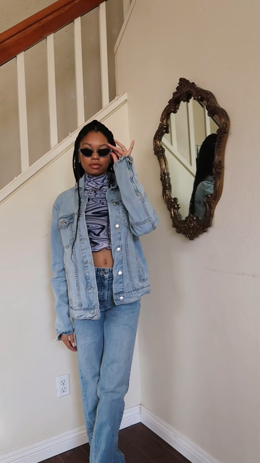 denim jacket, oversized denim jacket, jean jacket, light wash denim, mesh long sleeve, marble long sleeve, straight leg jeans, blue sunglasses, shades, black sweatpants, nike air force 1s, white sneakers 

#LTKVideo #LTKfindsunder100 #LTKstyletip