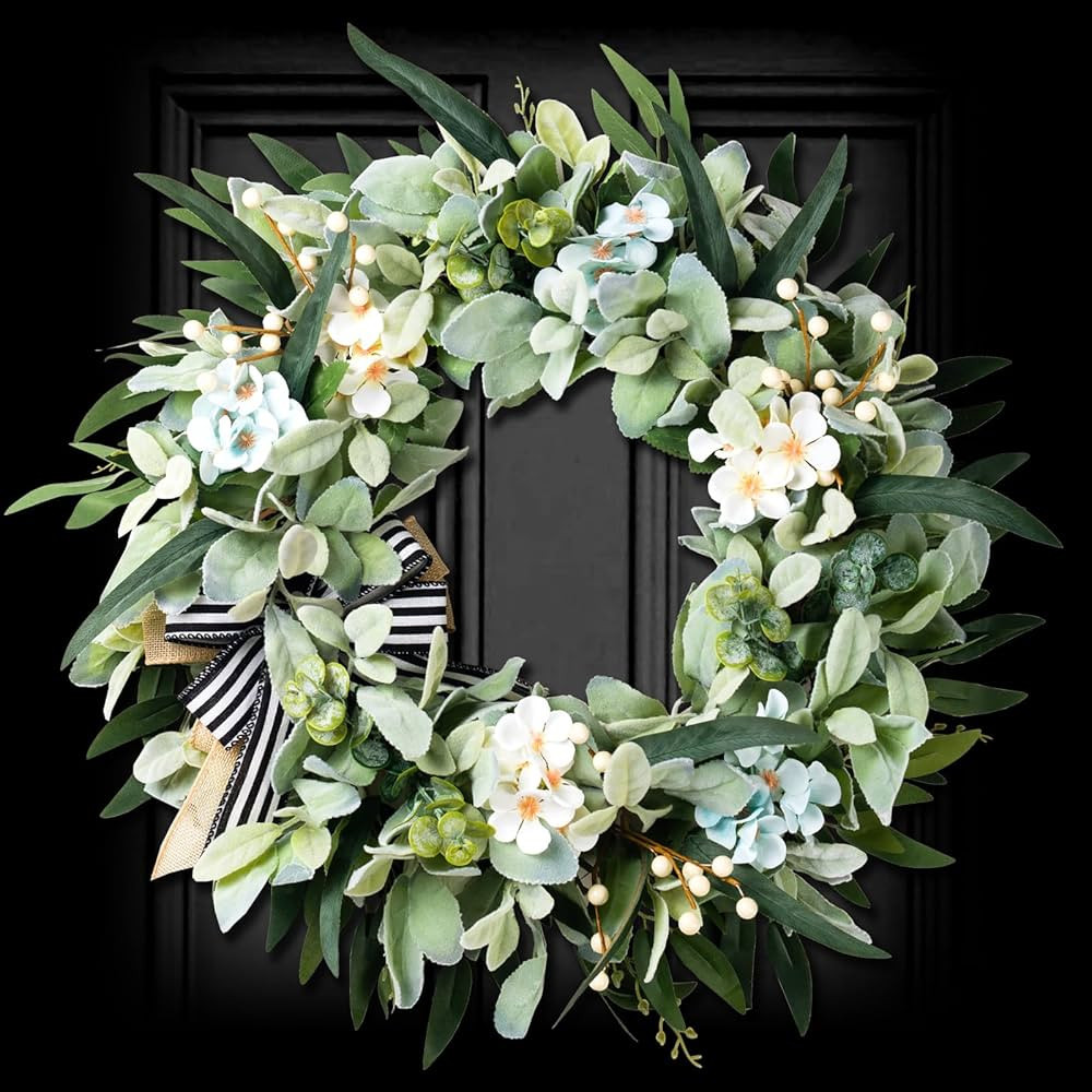 Lambs Ear Wreaths for Front Door Year Round, 20 Inch Green Artificial Wreath for Spring Summer Fa... | Amazon (US)