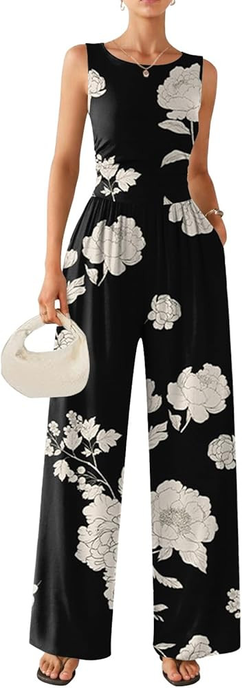 Ekouaer Jumpsuits for Women One Piece Jumpsuit Wide Leg Sleeveless Crewneck Casual Womens Romper ... | Amazon (US)
