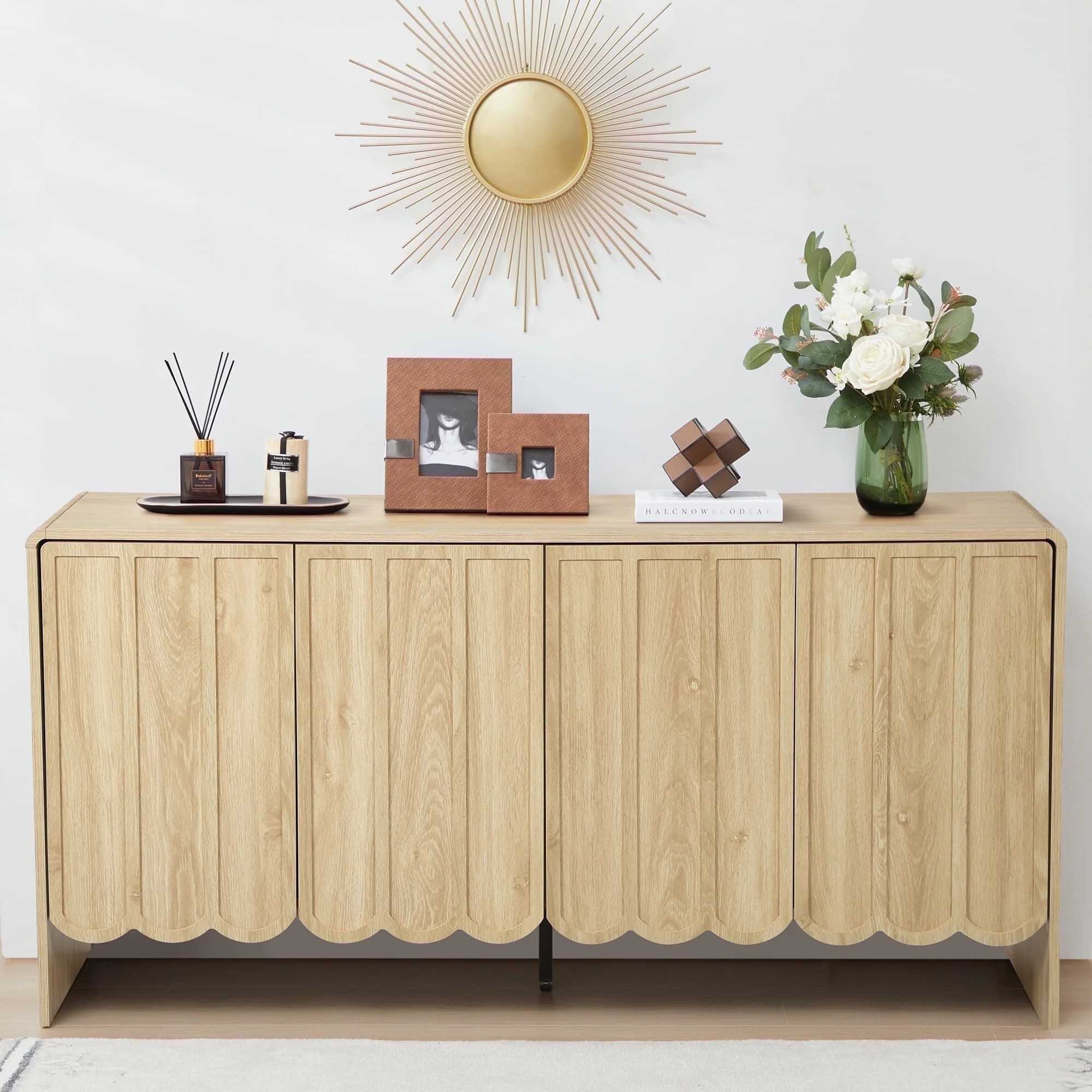 YOCWO Beige Sideboards and Buffets, Wave Panel Buffet Storage Cabinet with 4 Doors and Adjustable... | Walmart (US)