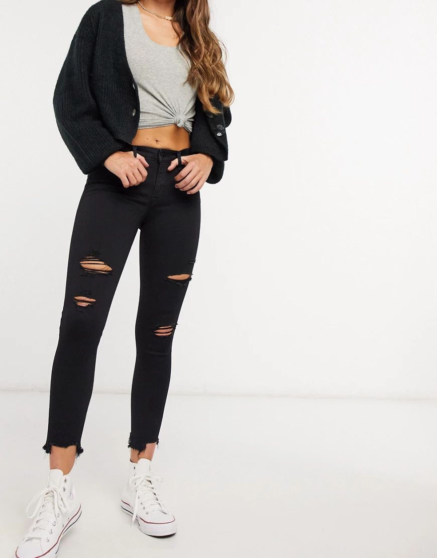 Abercrombie & Fitch mid rise ripped skinny in black | ASOS (Global)