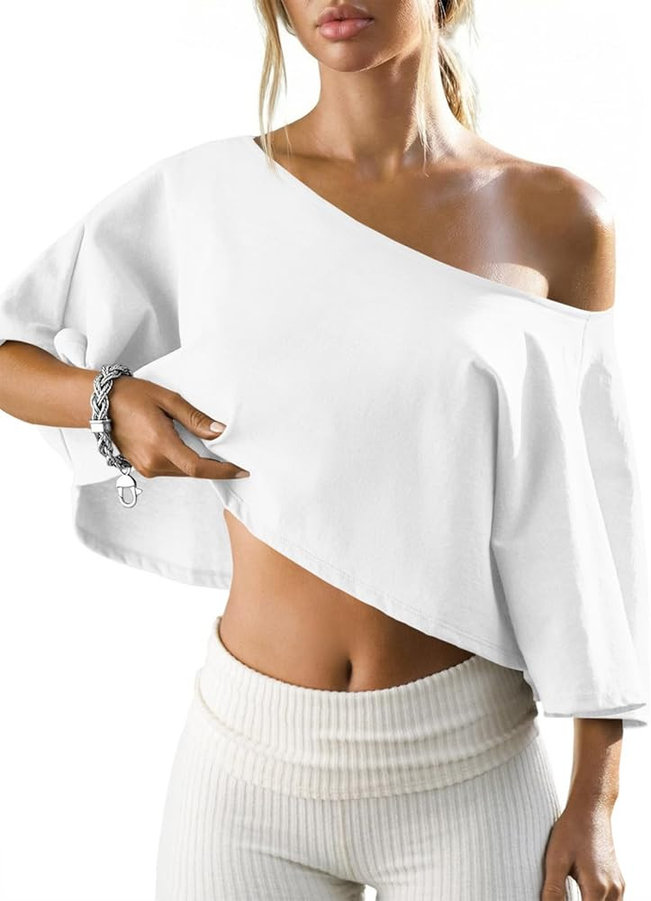 Fisoew Womens Off The Shoulder Cropped Tops Batwing Short Sleeve Workout Shirts Asymmetrical Neck... | Amazon (US)