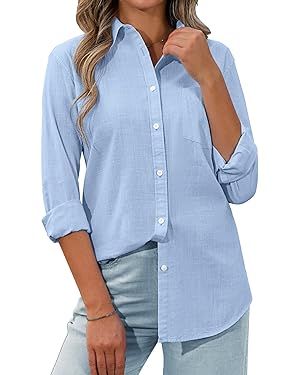 siliteelon Womens Button Down Shirt Linen Button Up Shirts for Women Long Sleeve Dress Shirt Coll... | Amazon (US)
