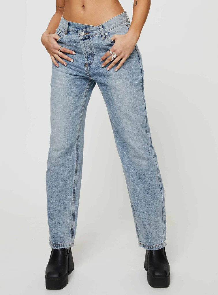 Holly Asymmetric Straight Leg Jean Light Wash Denim Lower Impact | Princess Polly US