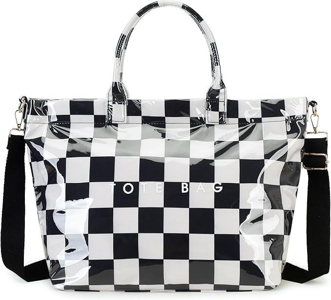 Large PVC Tote Bag for Women Letters Print Handbags Kraft Paper Shoulder Bag for Work Travel | Amazon (US)