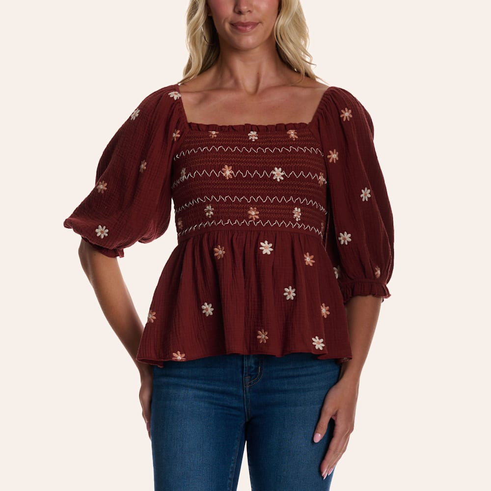 Camellia Women's Burgundy Floral Embroidered Puff Sleeve Peplum Top | Cavender's