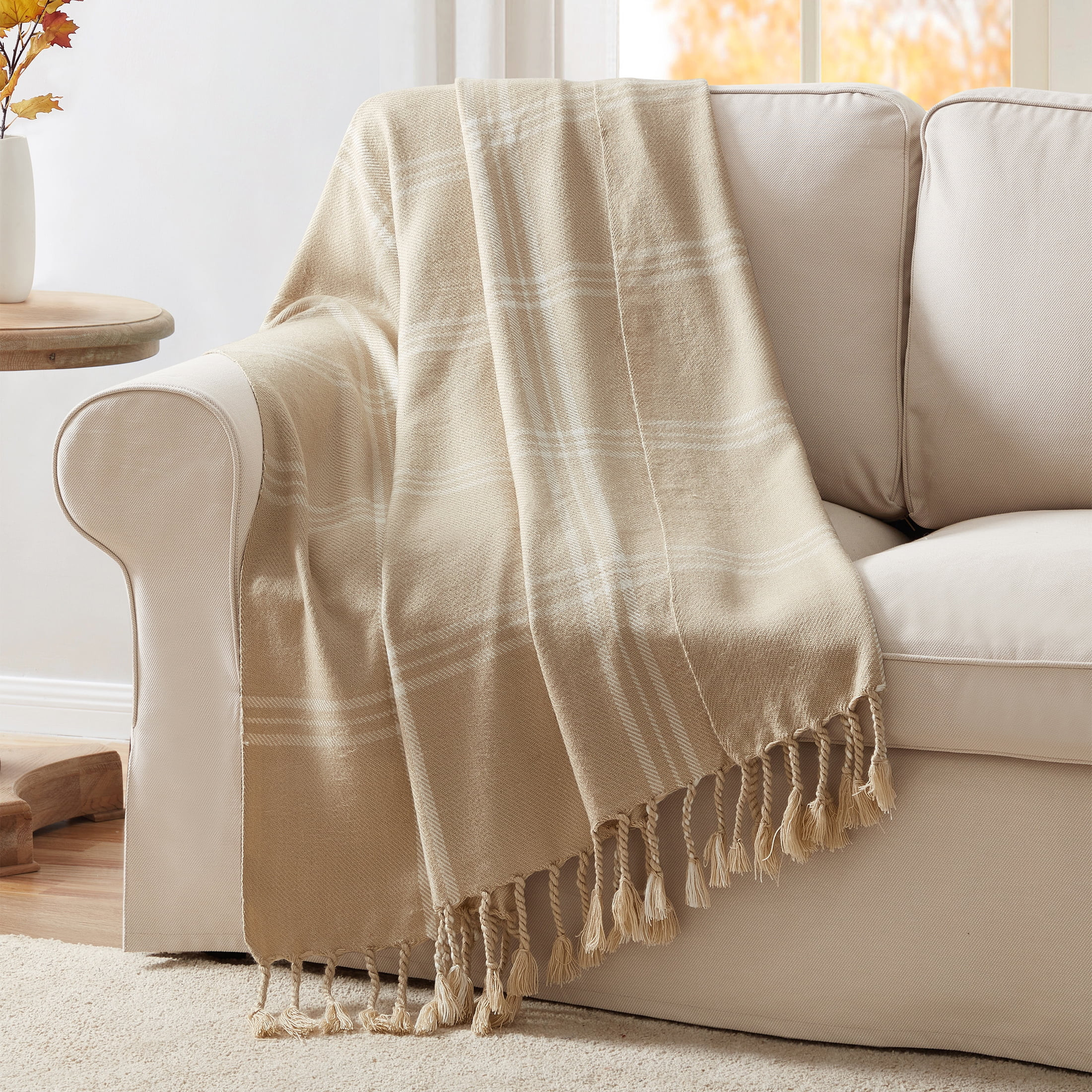 My Texas House Tatum Laneer Plaid Fringe Throw, Easy Wash,50 x 60, Ivory/Tan - Walmart.com | Walmart (US)
