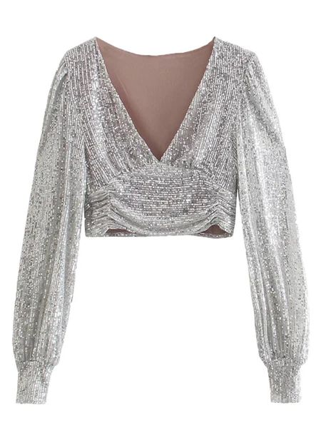 'Maci' V-neck Sequinned Cropped Top | Goodnight Macaroon