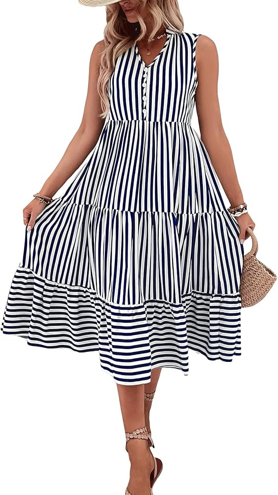 Milumia Women's Striped Button Front V Neck Ruffle Hem Sleeveless A Line Flowy Midi Dress | Amazon (US)