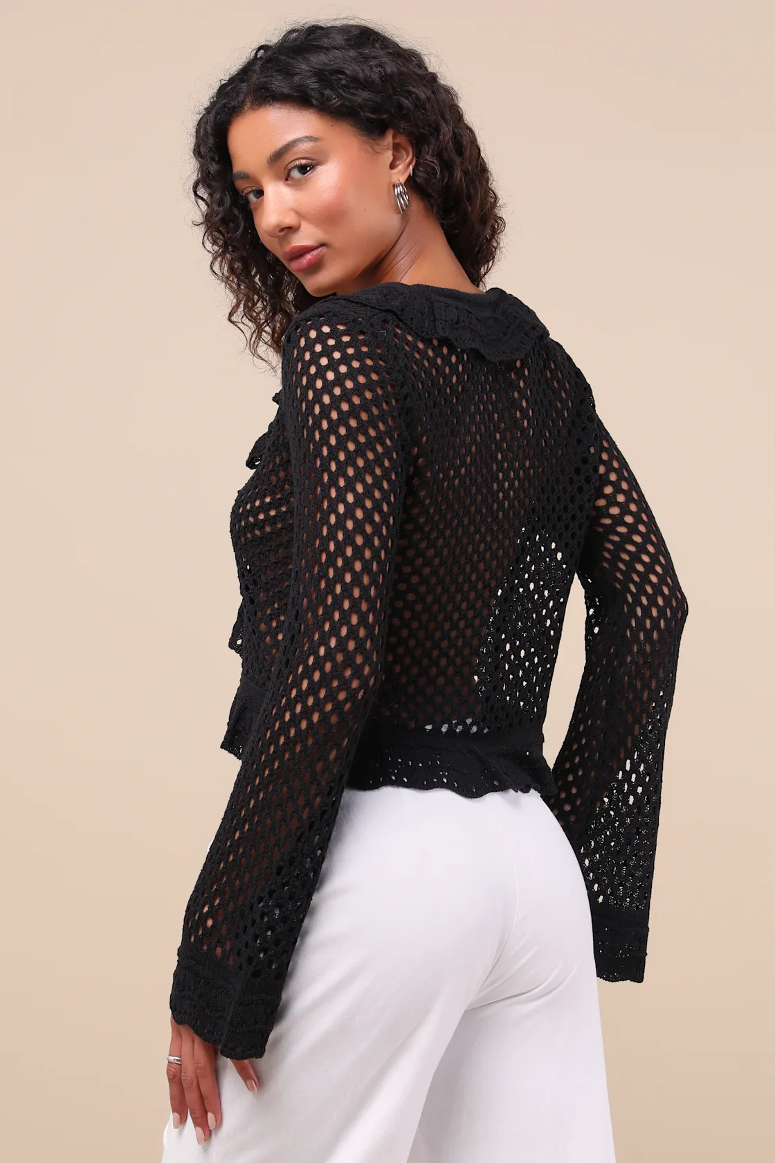 Izara Black Crochet Knit Tie-Front Long Sleeve Top | Lulus
